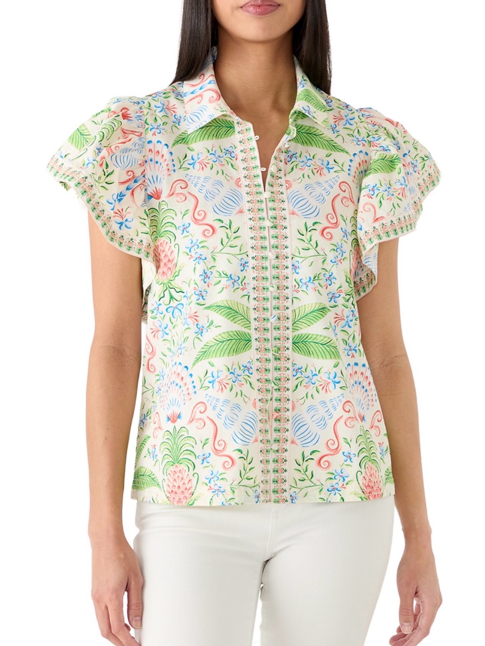 crown & ivy Cream Floral Button-Front Flutter Sleeve Blouse